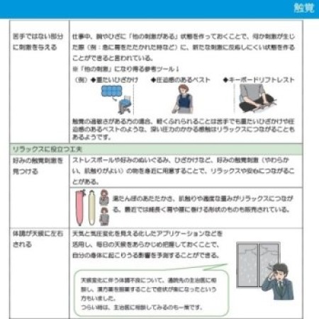 感覚プログラムで使用する特性対処のヒント集です。特性対処のヒント集を用いた相談では、感覚特性の詳細な聞き取り、感覚特性による不快感を軽減するための方法やツールをの検討を行います。