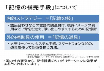 グループワーク第１回の配布資料の一部です。記憶の補完手段である、「記憶の技」と「記憶の道具」について説明しています。