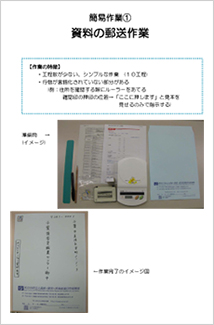 図は、資料の郵送作業を紹介しています。作業の特徴、準備物の写真、作業完了のイメージ図が示されています。