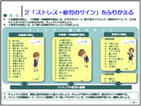 図は、資料の抜粋です。体調面の変化、行動面・作業能率の変化、気持ちの変化の項目別にストレス・疲労のサインの傾向を知るチェックリストを示しています。