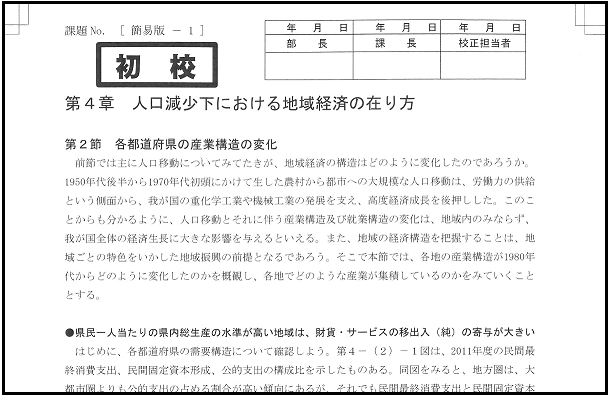 左上に初稿と書かれたその下に校正対象の文字が書かれている。