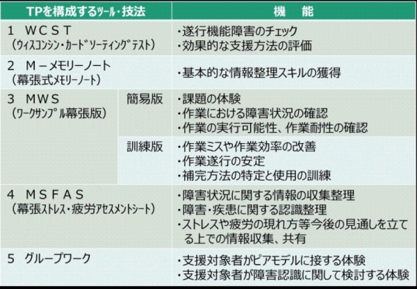 トータルパッケージを構成するツールは、ウィスコンシン・カードソーティングテスト、幕張式メモリーノート、ワークサンプル幕張版の簡易版、ワークサンプル幕張版の訓練版、幕張ストレス・疲労アセスメントシート、グループワークの６つです。ウィスコンシン・カードソーティングテストは遂行機能障害のチェックや効果的な支援方法の評価に用いられます。幕張式メモリーノートは基本的な情報整理スキルの獲得に用いられます。ワークサンプル幕張版の簡易版は課題の体験、作業における障害状況の確認、作業の実行可能性、作業耐性の確認に用いられます。ワークサンプル幕張版の訓練版は作業ミスや作業効率の改善、作業遂行の安定、補完方法の特定と使用の訓練に用いられます。幕張ストレス・疲労アセスメントシートは障害状況に関する情報の収集・整理、障害・疾患に関する認識整理、ストレスや疲労の現れ方等今後の見通しを立てる上での情報収集、共有に用いられます。グループワークは支援対象者がピアモデルに接する体験、支援対象者が障害認識に関して検討する体験の提供に用いられます。