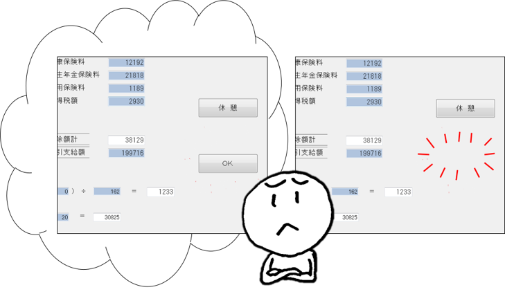 MWS「給与計算」画面で、入力が終了しても「OK」ボタンが出ないことを表した絵