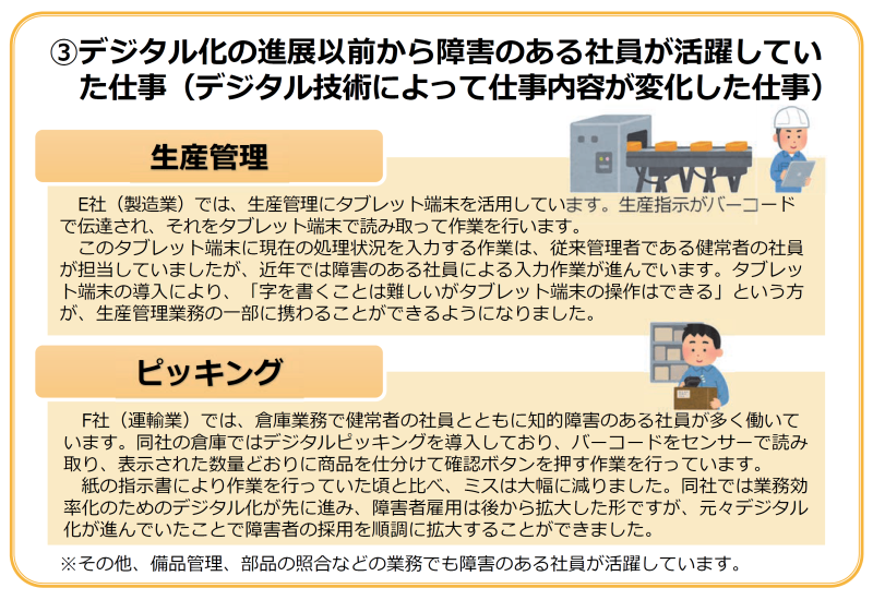 パターン③の業務の解説記事 掲載内容は下記の通り
③デジタル化の進展以前から障害のある社員が活躍していた仕事(デジタル技術によって仕事内容が変化した仕事)
生産管理
E社(製造業)では、生産管理にタブレット端末を活用しています。生産指示がバーコードで伝達され、それをタブレット端末で読み取って作業を行います。
このタブレット端末に現在の処理状況を入力する作業は、従来管理者である健常者の社員が担当していましたが、近年では障害のある社員による入力作業が進んでいます。タブレット端末の導入により、「字を書くことは難しいがタブレット端末の操作はできる」という方が、生産管理業務の一部に携わることができるようになりました。
ピッキング
F社(運輸業)では、倉庫業務で健常者の社員とともに知的障害のある社員が多く働いています。同社の倉庫ではデジタルピッキングを導入しており、バーコードをセンサーで読み取り、表示された数量どおりに商品を仕分けて確認ボタンを押す作業を行っています。
紙の指示書により作業を行っていた頃と比べ、ミスは大幅に減りました。同社では業務効率化のためのデジタル化が先に進み、障害者雇用は後から拡大した形ですが、元々デジタル化が進んでいたことで障害者の採用を順調に拡大することができました。
※その他、備品管理、部品の照合などの業務でも障害のある社員が活躍しています。