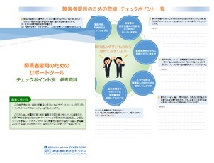 事業主が支援者との相談で活用するための２つのツールの外観。その片方には「障害者雇用のための取組　チェックポイント一覧」の文字が印刷されている。もう片方には「障害者雇用のためのサポートツール　チェックポイント別　参考資料」の表紙の文字が印刷されている。