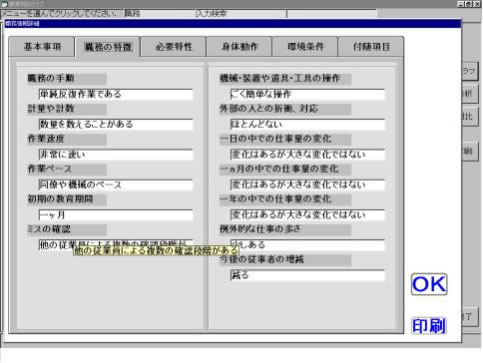 職業相談クラブの中の職務の特徴を説明するコンテンツのスクリーンショット。下記の情報が表示されている。
・職務の手順：単純反復作業である
・計量や計数：数量を数えることがある
・作業速度：非常に速い
・作業ペース：同僚や機械のペース
・初期の教育期間：一ヶ月
・ミスの確認：他の従業員による複数の確認段階がある
・機械・装置や道具・工具の操作：ごく簡単な操作
・外部の人との折衝、対応：ほとんどない
・一日の中での仕事量の変化：変化はあるが大きな変化ではない
・一ヶ月の中での仕事量の変化：変化はあるが大きな変化ではない
・一年の中での仕事量の変化：変化はあるが大きな変化ではない
・例外的な仕事の多さ：少しある
・今後の従事者の増減：減る