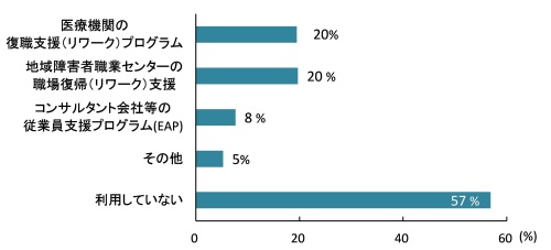 企業の事業場外資源利用状況を示した棒グラフ。医療機関の復職支援（リワーク）プログラムが２０％、地域障害者職業センターの職場復帰（リワーク）支援が２０％、コンサルタント会社等の従業員支援プログラム（EAP）が８％、その他が５％、利用していないが５７％となっている。