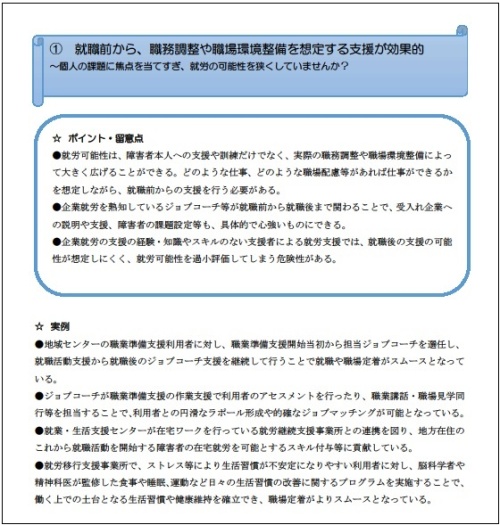 様々な関係者による職業リハビリテーションの事例集のうちの1ページを紹介するイメージ図。タイトルは「就職前から、職務調整や職場環境整備を想定する支援が効果的」、サブタイトルは「個人の課題に焦点を当てすぎ、就労の可能性を狭くしていませんか？」と示されている。