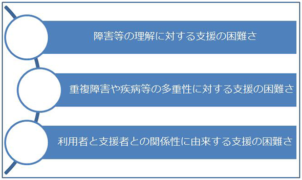 ①障害等の理解に対する支援の困難さ、②重複障害や疾病等の多重性に対する支援の困難さ、③利用者と支援者との関係性に由来する支援の困難さ、の３つの支援困難性の類型に焦点をあてて考察しています。