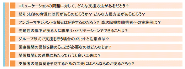 「コミュニケーションの問題に対して、どんな支援方法があるだろう？」「怒りっぽさの背景には何があるのだろうか？どんな支援方法があるだろう？」「アンガーマネジメント支援とは何をするのだろう？高次脳機能障害者への実施例は？」「発動性の低下がある人に職業リハビリテーションでできることは？」「グループ形式で支援を行う場合のメリットと注意点は？」「医療機関の受診を勧めることが必要なのはどんなとき？」「関係機関との連携にあたって行うと良い工夫は？」「支援者の過負荷を予防するための工夫にはどんなものがあるだろう？」