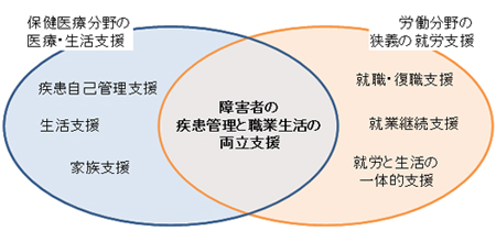 精神障害者や難病患者の「就労支援」とは、疾患管理や生活支援、家族支援と切り離れたものではなく、一体的に「疾患管理と職業生活の両立支援」を理解することである。そのため概念図内では、2点の分野を元に構成している。（1）保健医療分野の医療・生活支援と（2）労働分野の狭義の就労支援である。（1）では、疾患自己管理支援、生活支援、家族支援である。（2）では、就職・復職支援、就業継続支援、就労と生活の一体的支援である。